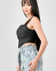 Crinkle Stretch Knit Sweetheart Hooked Bustier Cropped Top