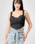 Crinkle Stretch Knit Sweetheart Hooked Bustier Cropped Top