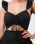 Sweetheart With Drawstring Bow Cutout Ruffled Flutter Sleeves Mini Dress