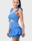 Sweetheart With Drawstring Bow Cutout Ruffled Flutter Sleeves Mini Dress