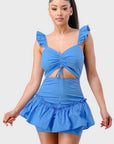 Sweetheart With Drawstring Bow Cutout Ruffled Flutter Sleeves Mini Dress