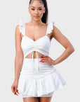 Sweetheart With Drawstring Bow Cutout Ruffled Flutter Sleeves Mini Dress