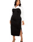 Collared Shirt Bodycon Midi Dress With Side Slit
