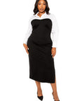 Collared Shirt Bodycon Midi Dress With Side Slit