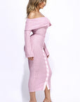 Ruffled Fabric Off Shoulder Midi Dress With Flared Sleeve
