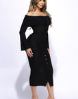 Ruffled Fabric Off Shoulder Midi Dress With Flared Sleeve