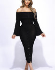 Ruffled Fabric Off Shoulder Midi Dress With Flared Sleeve