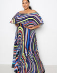 Geo Printed Off Shoulder Pleated Maxi Dress