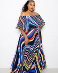 Geo Printed Off Shoulder Pleated Maxi Dress