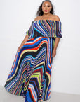 Geo Printed Off Shoulder Pleated Maxi Dress