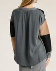 Colorblock Contrasted Cotton Fabric On Back Top With Side Slits And High Low Hem