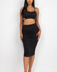 Cut-out Tie Side Crop Top & Ruched Midi Skirt Set