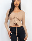 Ribbed Drawstring Front Long Sleeve Peplum Top