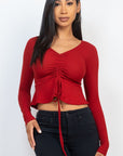 Ribbed Drawstring Front Long Sleeve Peplum Top