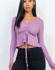 Ribbed Drawstring Front Long Sleeve Peplum Top