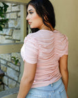 Mesh Ruched Cut-out Detail Short Sleeve Top