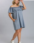 Off Shoulder Ruffled Denim Dress With Frayed Hem & Pockets