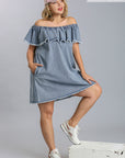 Off Shoulder Ruffled Denim Dress With Frayed Hem & Pockets