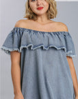 Off Shoulder Ruffled Denim Dress With Frayed Hem & Pockets