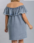 Off Shoulder Ruffled Denim Dress With Frayed Hem & Pockets