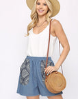 Denim And Print Pockets Elastic Waist Shorts With Raw Hem