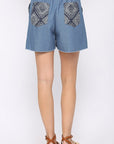 Denim And Print Pockets Elastic Waist Shorts With Raw Hem