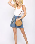 Denim And Print Pockets Elastic Waist Shorts With Raw Hem
