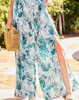 Back Elastic Waist Band Side Pockets Pleat Side Open Slit Tropical Print Pants