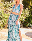 Back Elastic Waist Band Side Pockets Pleat Side Open Slit Tropical Print Pants