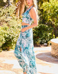 Back Elastic Waist Band Side Pockets Pleat Side Open Slit Tropical Print Pants