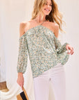 Strap Halter Neck Balloon Sleeve Floral Print Top