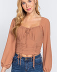 Long Sleeve Front Tied Ruched Detail Woven Top
