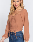 Long Sleeve Front Tied Ruched Detail Woven Top