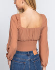 Long Sleeve Front Tied Ruched Detail Woven Top