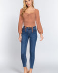 Long Sleeve Front Tied Ruched Detail Woven Top