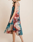 Tie Dye Ribbed Brush Sleeveless Flowy Asymmetrical Hem Midi Dress