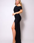 One Shoulder Draped Side Slit Maxi Dress