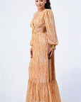 Printed V Neck Self Belted Side Cut Out Ruffled Maxi Dress