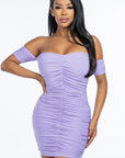 Solid Off The Shoulder Ruched Mini Dress