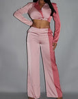 Colorblock Crop Blazer With Matching Low Rise Wide Leg Pant Set With Pockets