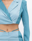 Colorblock Crop Blazer With Matching Low Rise Wide Leg Pant Set With Pockets