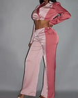 Colorblock Crop Blazer With Matching Low Rise Wide Leg Pant Set With Pockets
