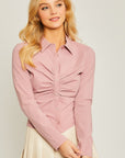 Woven Solid Ruched Front Long Sleeve
