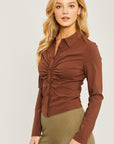 Woven Solid Ruched Front Long Sleeve