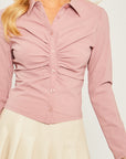Woven Solid Ruched Front Long Sleeve
