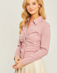 Woven Solid Ruched Front Long Sleeve