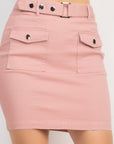 Belted Pocket Solid Mini Skirt