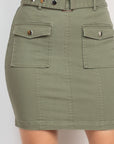 Belted Pocket Solid Mini Skirt