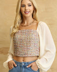 Tweed Bodice And Chiffon Square Top With Back Zipper