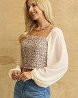 Tweed Bodice And Chiffon Square Top With Back Zipper
